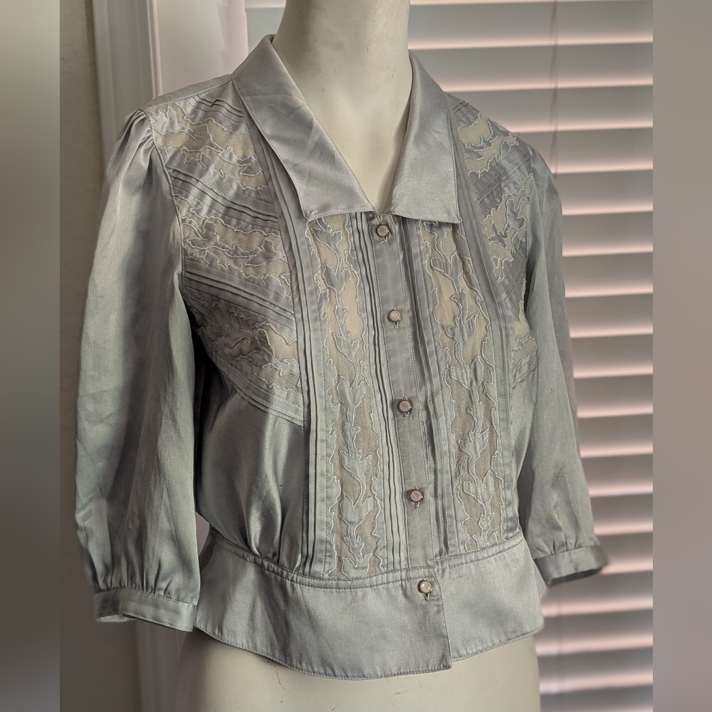Ice Blue Sateen Vintage Style Blouse